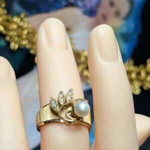 Genuine Pearl Promise Ring with Spray of Sparkle cz Sparks Gold Plated over Ster